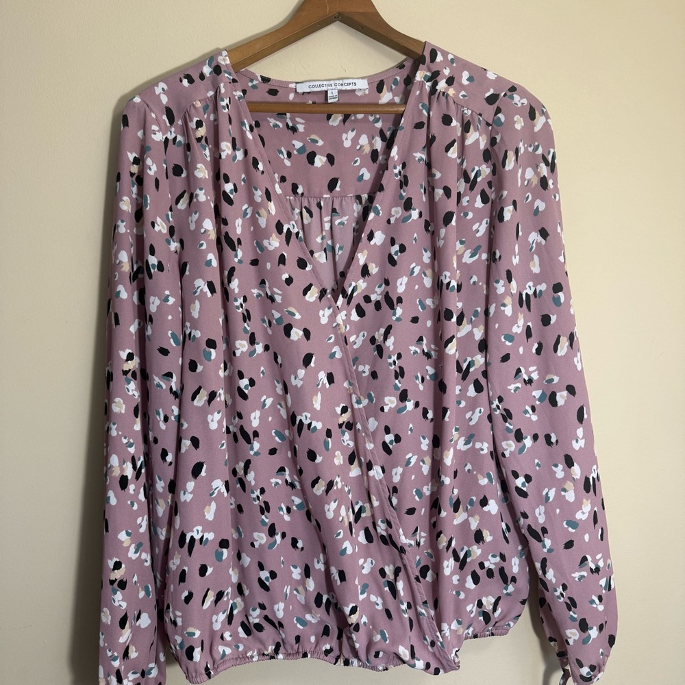 Collective Concepts Dusty Mauve Abstract Print V-Neck Long Sleeve Blouse